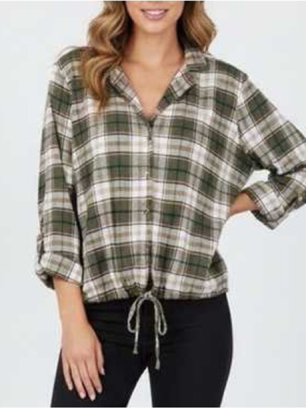 Eden+Olivia Plaid Button-Front Top Roll Tab Sleeves Size: M